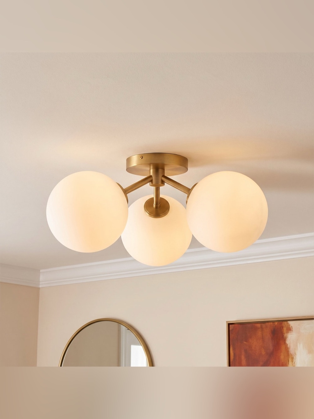 Mid-Century Modern 3-Light Matte Brass Semi-Flush Mount Ceiling Light with Opal